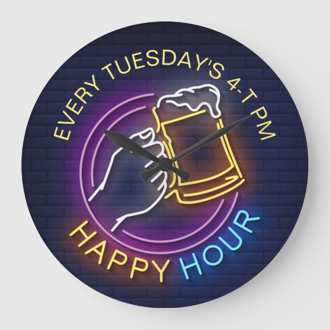 Grande Horloge Ronde Happy Hour Neon Signes Style Texte Tige Bière (Recto)