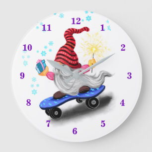 Grande Horloge Ronde Happy Skater Gnome avec des cadeaux et Sparkler - 