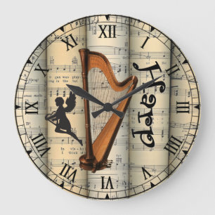 Grande Horloge Ronde Harpe ~ Feuille de musique vintage roulée ~ Unique