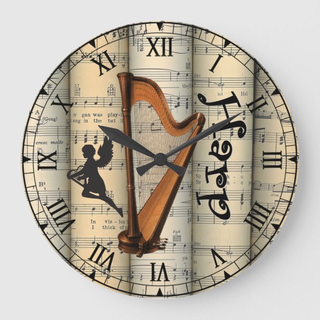 Grande Horloge Ronde Harpe ~ Feuille de musique vintage roulée ~ Unique (Recto)
