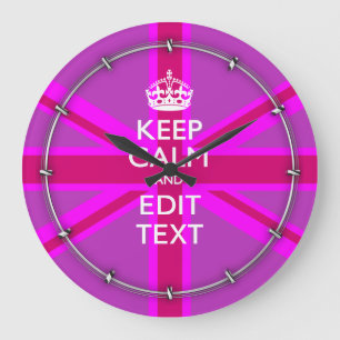 Grande Horloge Ronde Have Your Keep Calm Text on Pink Union Jack