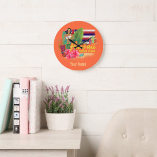 Grande Horloge Ronde Hawaii Hula Dancer Retro Pacific Souvenir Vintage