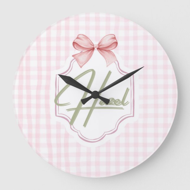 Grande Horloge Ronde Hazel personnalisé Baby Girl Nursery Bow&En vichy (Recto)
