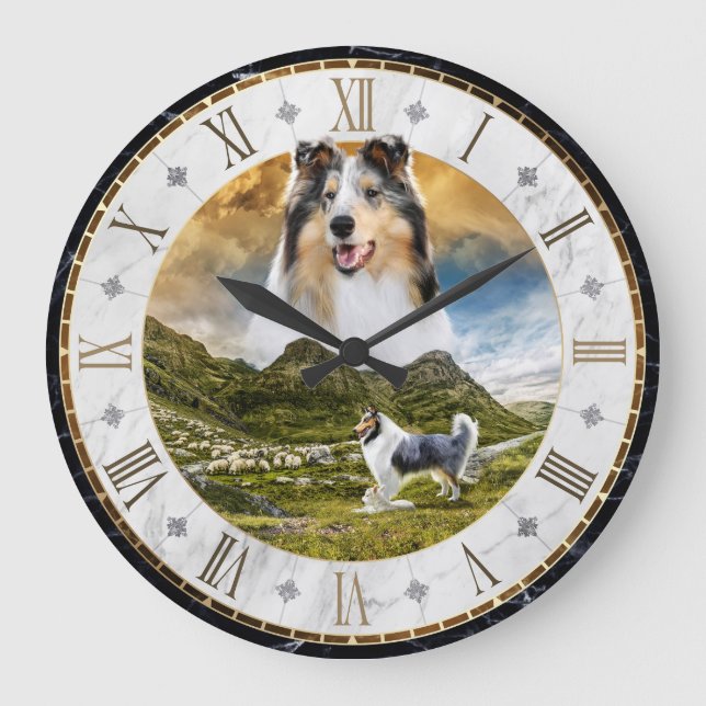 Grande Horloge Ronde Herbe de mouton Bleu Merle Rough Collie Chien - (Recto)