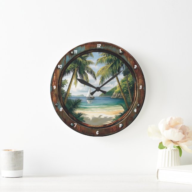 Grande Horloge Ronde Heure de l'île" - Fenêtre nautique Plage tropicale (Maison)