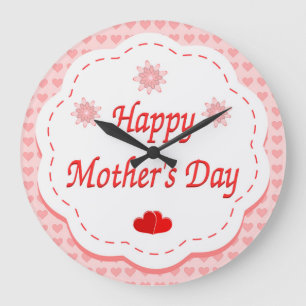 GRANDE HORLOGE RONDE "HEUREUX JOUR DE LA MÈRE" COEURS ROSES