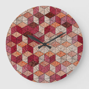 Grande Horloge Ronde Hexagons brodés : Patchwork Bohème Imprimer.
