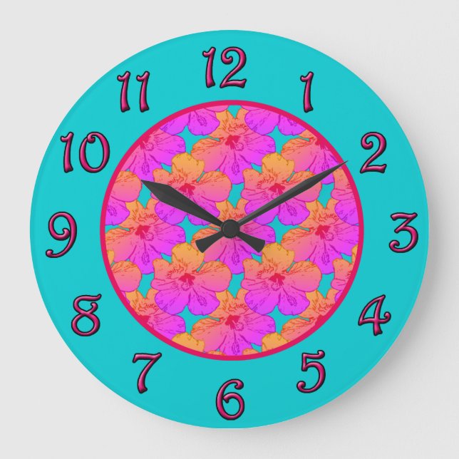 Grande Horloge Ronde Hibiscus Flowers Pink on Turquoise (Recto)