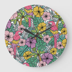 Grande Horloge Ronde Hibiscus tropical, palmier, perroquets motif.
