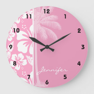 Grande Horloge Ronde Hibiscus Tropical Rose Carnation; Palme D'Été