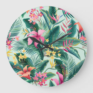 Grande Horloge Ronde Hibiscus tropicaux : Motif Floral sans joint