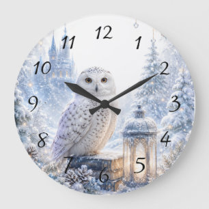 Grande Horloge Ronde Hibou Blanc Magie d'Hiver