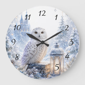 Grande Horloge Ronde Hibou Blanc Magie d'Hiver