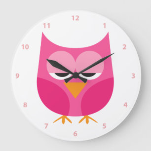 Grande Horloge Ronde Hibou rose somnolent mignon avec des nombres