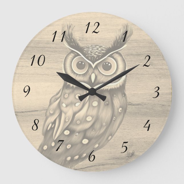Grande Horloge Ronde Hibou Sepia Bois Beige Chiffres rustiques (Recto)