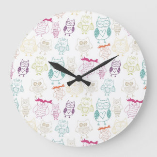 Grande Horloge Ronde Hiboux multicolores de griffonnage