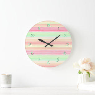 Grande Horloge Ronde Hip Pink Mint Green Watercolor Stripes Motif