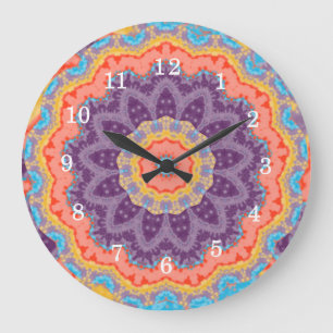 Grande Horloge Ronde Hippie Bohème Floral Mandala Coloré Violet Méla