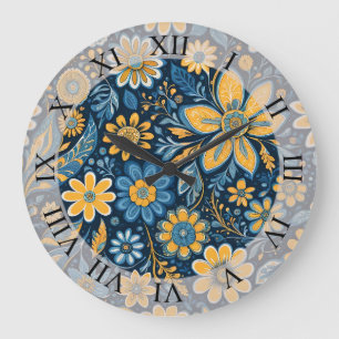 Grande Horloge Ronde Hippie rétro Fleurs Vintages Design bleu jaune