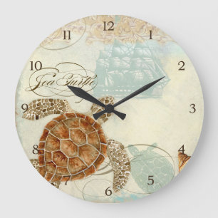 Grande Horloge Ronde Hippocampe de tortue de collage de bord de la mer
