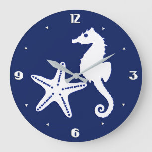 Grande Horloge Ronde Hippocampe et étoile de mer - bleu marine et blanc