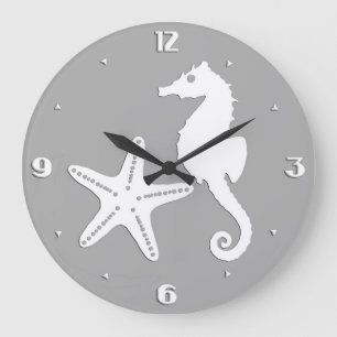 Grande Horloge Ronde Hippocampe et étoiles de mer - blanc sur le gris