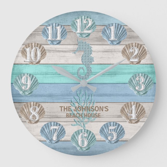 Grande Horloge Ronde Hippocampe et plage Bois nautique - Turquoise bleu (Recto)