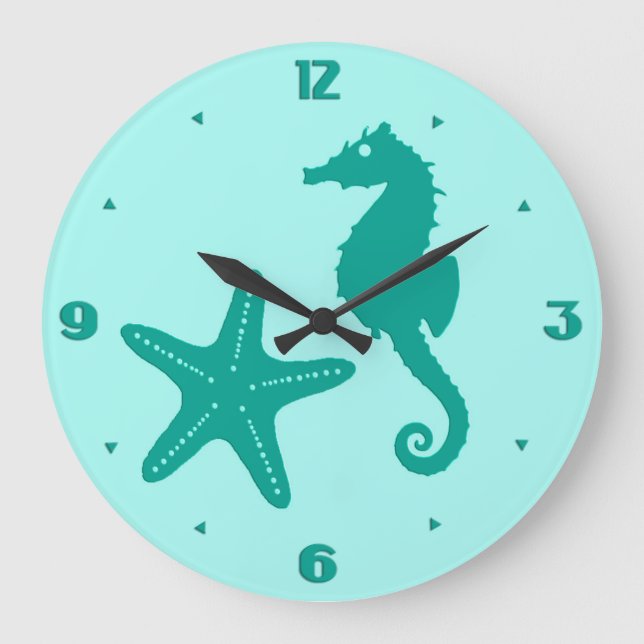 Grande Horloge Ronde Hippocampe et poisson étoile - turquoise et aqua (Recto)