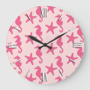 Grande Horloge Ronde Hippocampe & étoile de mer - corail rose