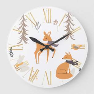 Grande Horloge Ronde Hiver Bois Animaux Folk Art Noël