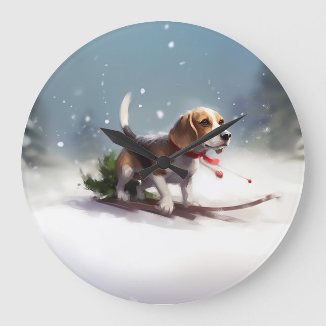 Grande Horloge Ronde hiver de neige de Noël beagle (Recto)