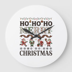 Grande Horloge Ronde Ho Joyeux Noël Ruban à carreaux de Père Noël