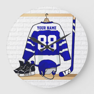Grande Horloge Ronde Hockey sur glace bleu et blanc personnalisé Jerse