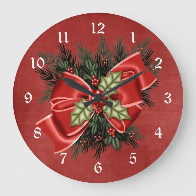 Grande Horloge Ronde Holiday Greenery & Red Bow Christmas Clock (Recto)