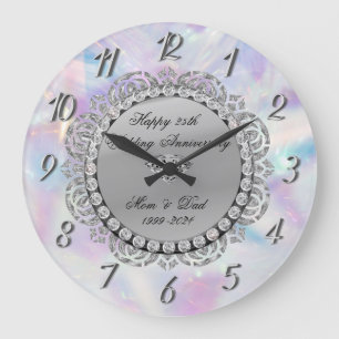 Grande Horloge Ronde Holographie des diamants d'argent 25e Mariage