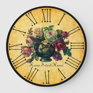 Grande Horloge Ronde Home Sweet Home Roses vintage dans un style rustiq