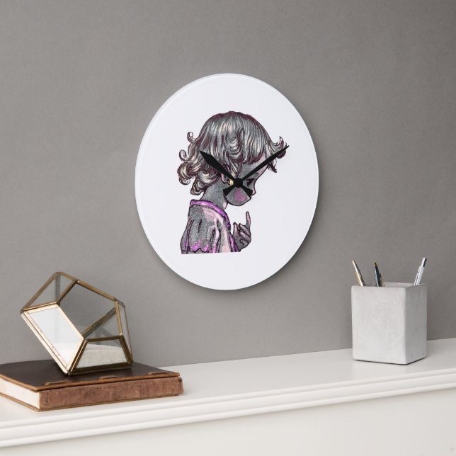 Grande Horloge Ronde Horaire Curly Hair Girl (Bureau)