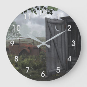 GRANDE HORLOGE RONDE HORS MAISON ET VOITURE RUSTED CLOCK