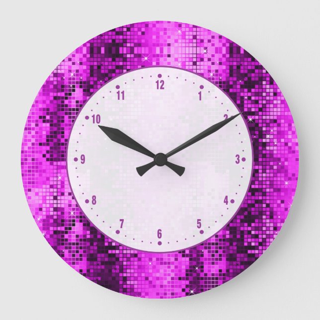 Grande Horloge Ronde Hot Pink Disco Ball Glitter et Sparkles (Recto)