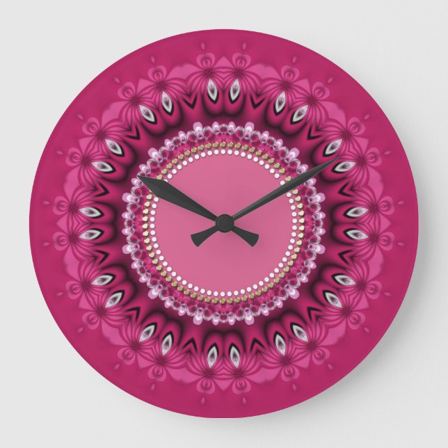 Grande Horloge Ronde Hot Pink Peacock Lace Mandala Wall Clock (Recto)