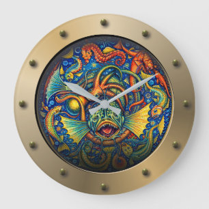 Grande Horloge Ronde Hublot de Sous-marin Steampunk Créatures Sous-Mari