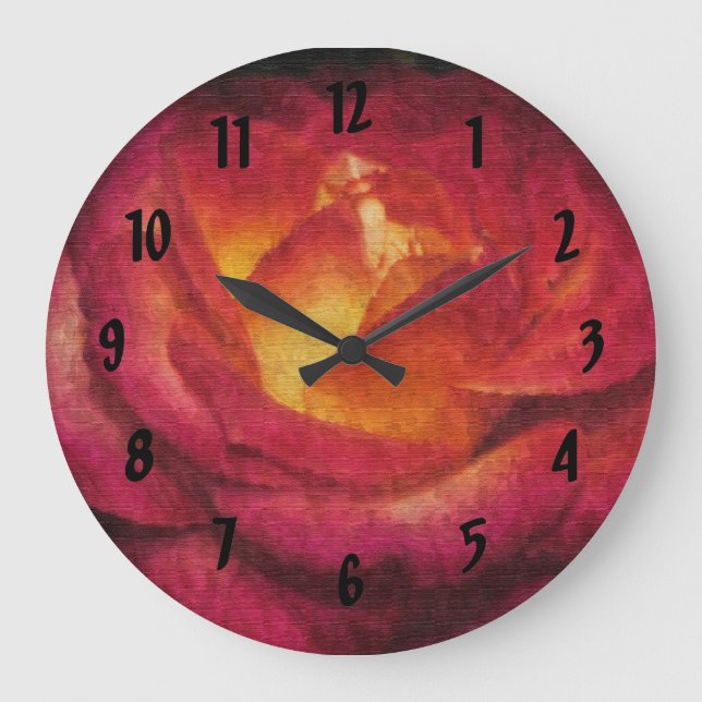 Grande Horloge Ronde Huile Peinture Flaming Rose rouge (Recto)