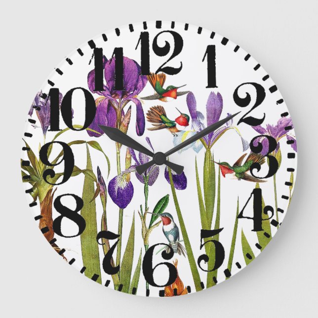 Grande Horloge Ronde Hummingbird Birds Flowers Big Number Wall Clock (Recto)