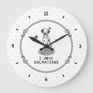 Grande Horloge Ronde I Love Dalmatians (noir 1) Coeurs Amusants