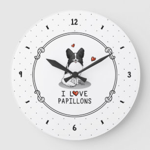 Grande Horloge Ronde I Love Papillons (blanc & noir) Coeurs Chiens mign
