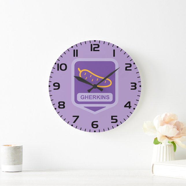 Grande Horloge Ronde Icône de cornichon amusant violet et jaune (Créateur téléchargé)