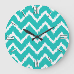 Grande Horloge Ronde Ikat Chevrons - Turquoise et blanc