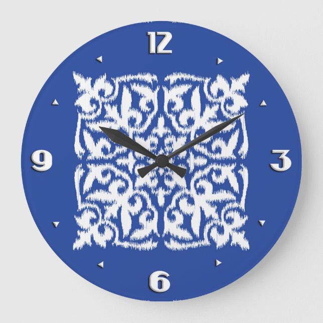 Grande Horloge Ronde Ikat damask pattern - cobalt bleu et blanc (Recto)