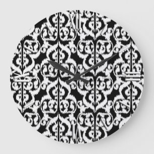 Grande Horloge Ronde Ikat Moorish Damask - blanc et noir
