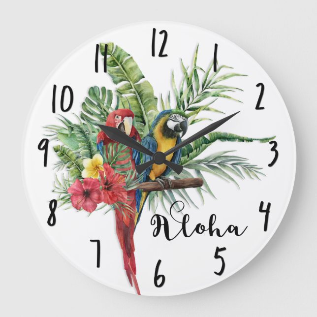 Grande Horloge Ronde Île Paradise Oiseaux Tropical Floral Botanique (Recto)